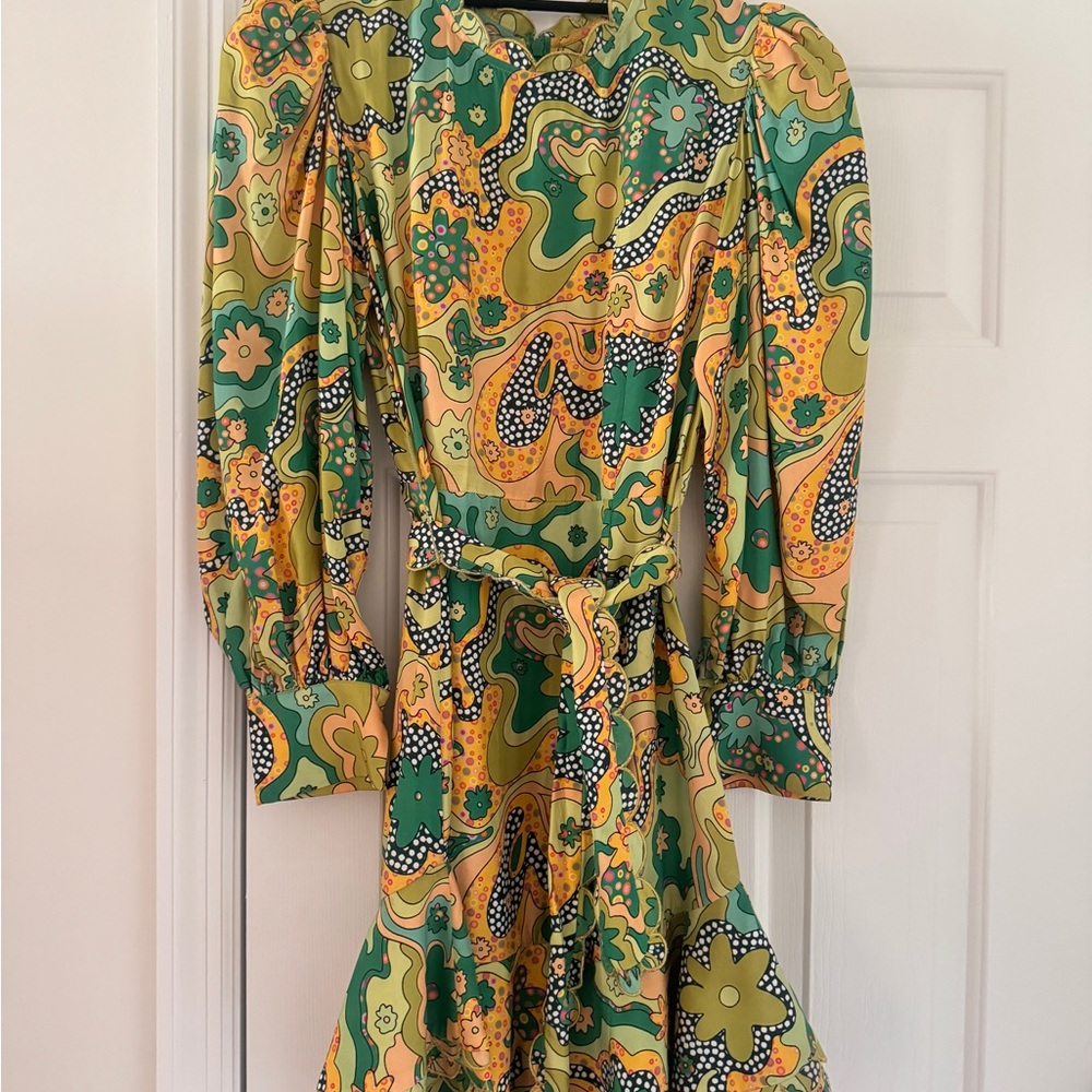 CeliaB Retro Floral Long Sleeve Dress in Green and Yellow- CeliaB Green Orquidea